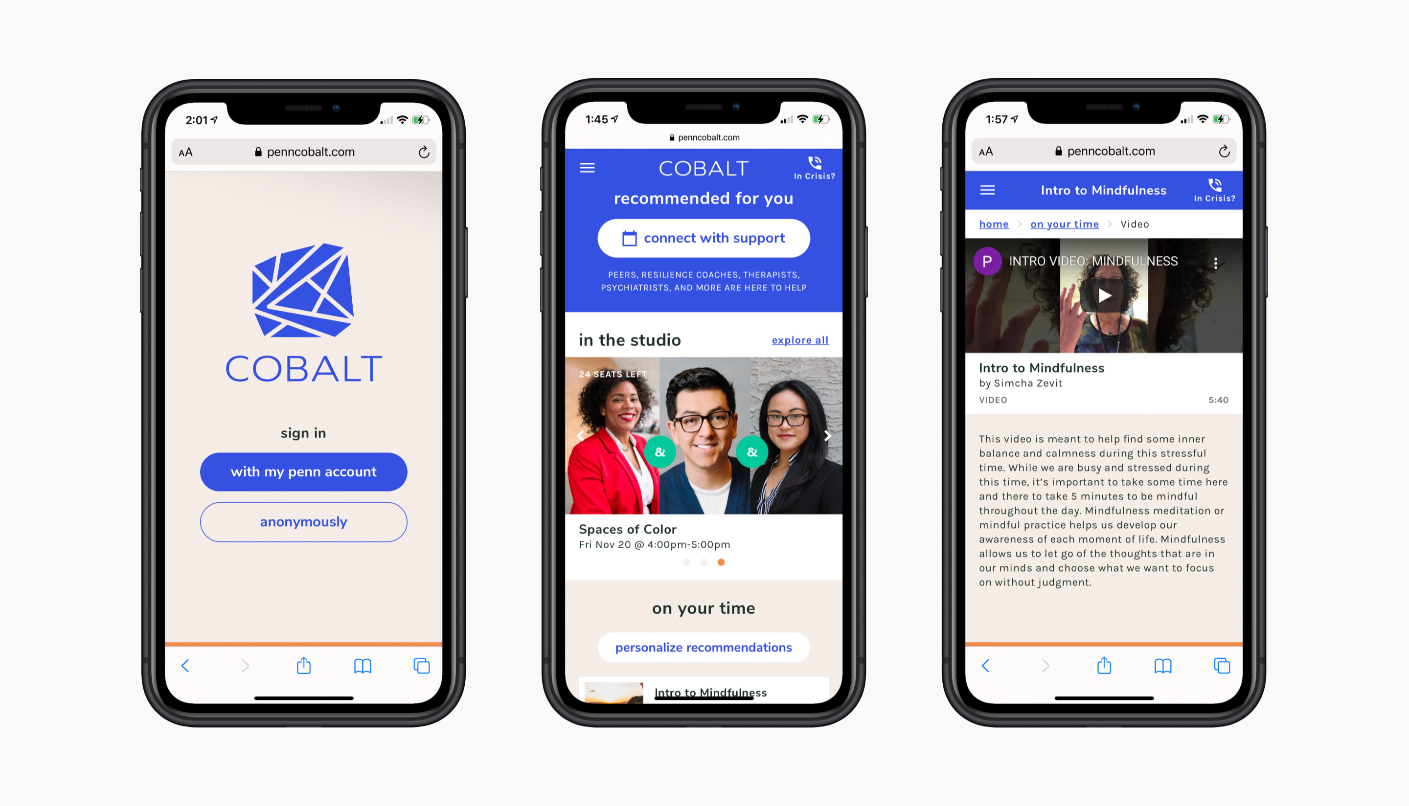 Cobalt mobile web application screenshots showing a sign in screen ...